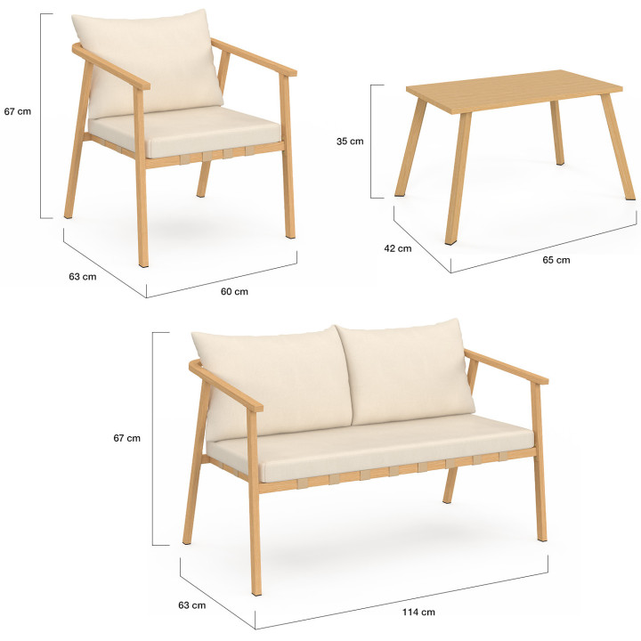 Conjunto de muebles bajos de jardín MALTA, 4 plazas, estructura metálica efecto madera, listones y cojines beige