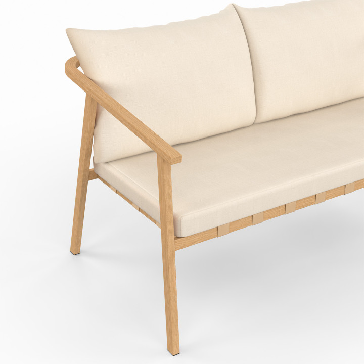 Conjunto de muebles bajos de jardín MALTA, 4 plazas, estructura metálica efecto madera, listones y cojines beige