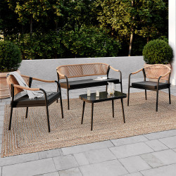 Niedrige Gartenmöbel für 4 Personen mit schwarzem Metallgestell, schwarzem Seil und schwarzen Kissen