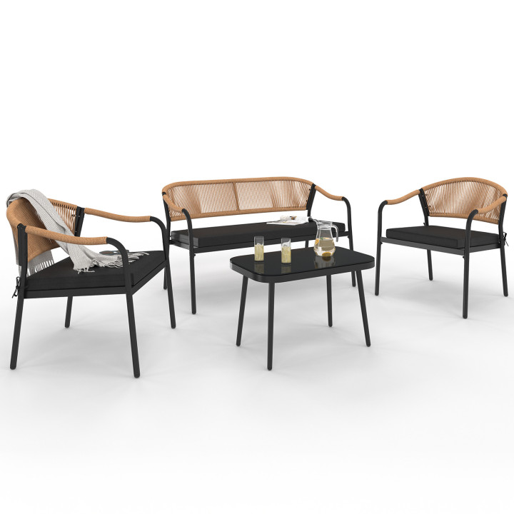 Set di mobili da giardino bassi MADEIRA, 4 posti, struttura in metallo nero, corde e cuscini neri