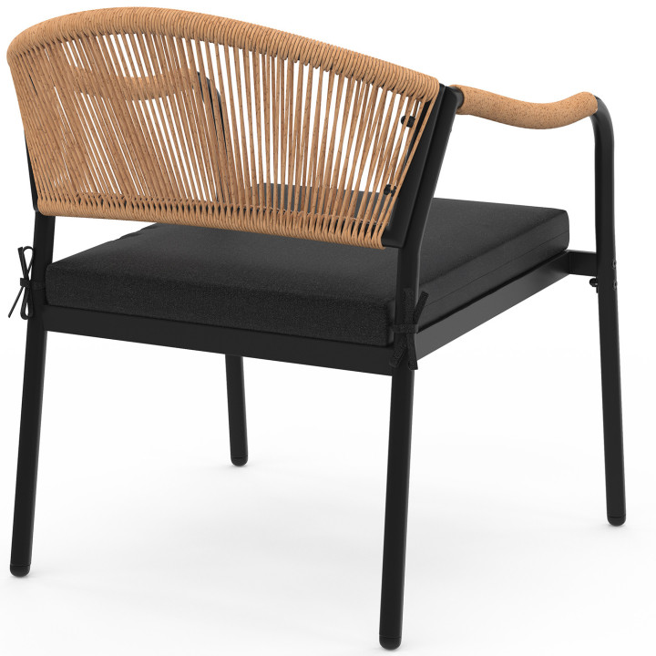 MADEIRA lage tuinset, 4-zits, zwart metalen frame, zwart koord en kussens