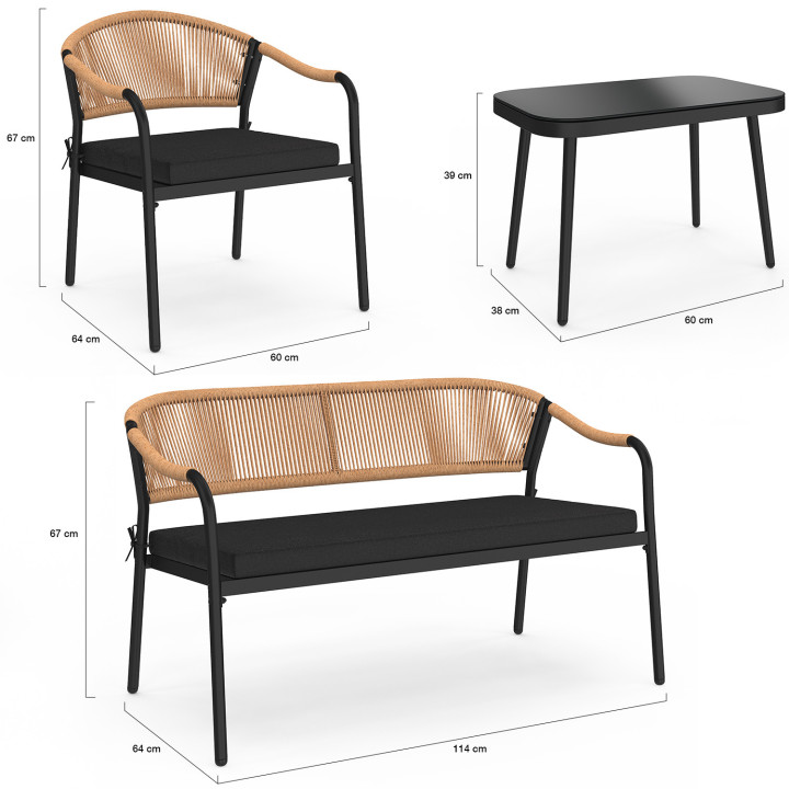 Set di mobili da giardino bassi MADEIRA, 4 posti, struttura in metallo nero, corde e cuscini neri