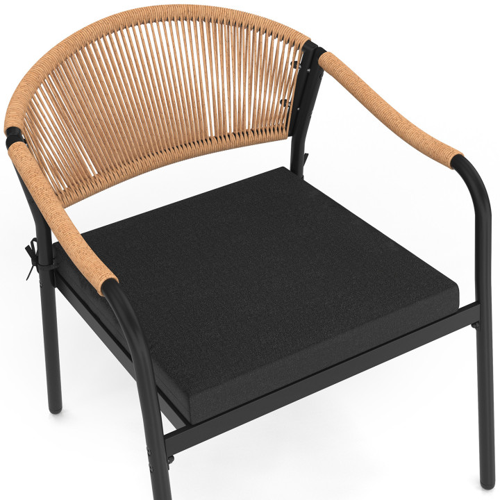 Conjunto de muebles bajos de jardín MADEIRA, 4 plazas, estructura de metal negro, cordaje y cojines negros