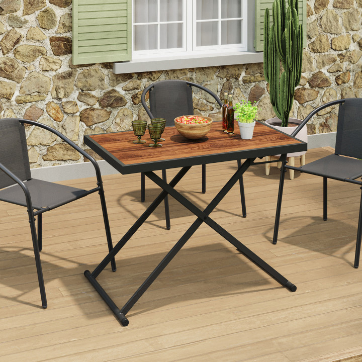 Gartentisch mit 3-facher Höhenverstellung OLIE 100 cm aus schwarzem Metall und Tischplatte in Holzoptik