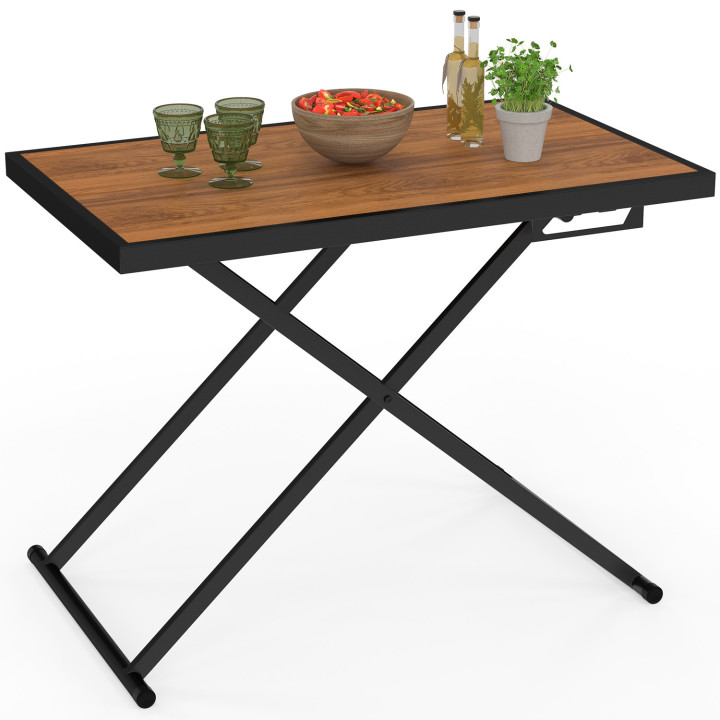 OLIE 100 cm in hoogte verstelbare 3-standen tuintafel van zwart metaal met houteffect bovenblad