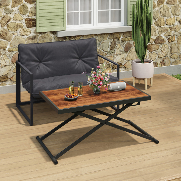 OLIE Mesa de jardín de 100 cm, regulable en altura y 3 posiciones, de metal negro con tablero de efecto madera