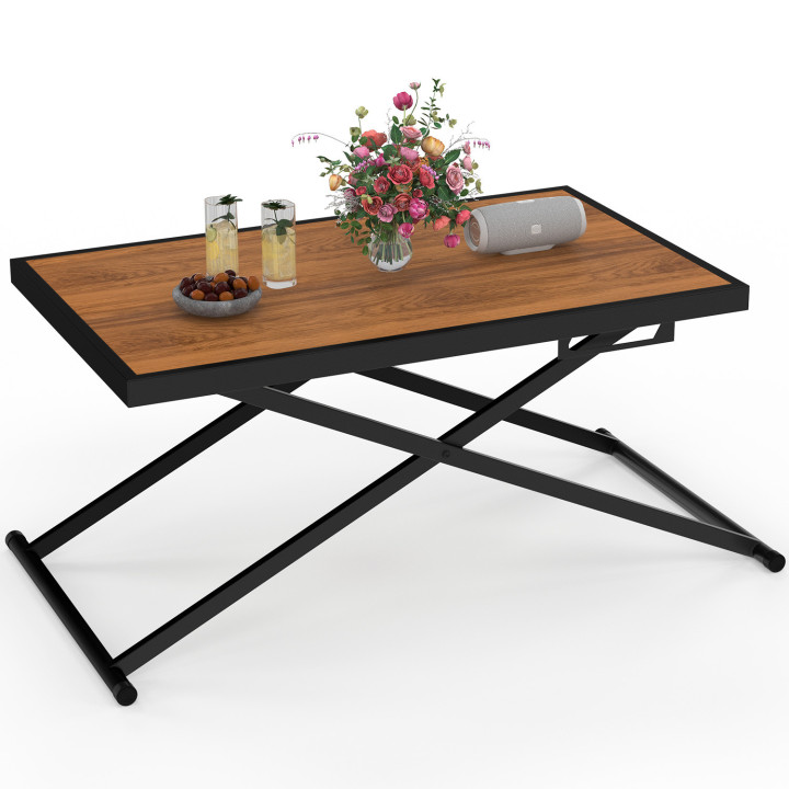 Gartentisch mit 3-facher Höhenverstellung OLIE 100 cm aus schwarzem Metall und Tischplatte in Holzoptik