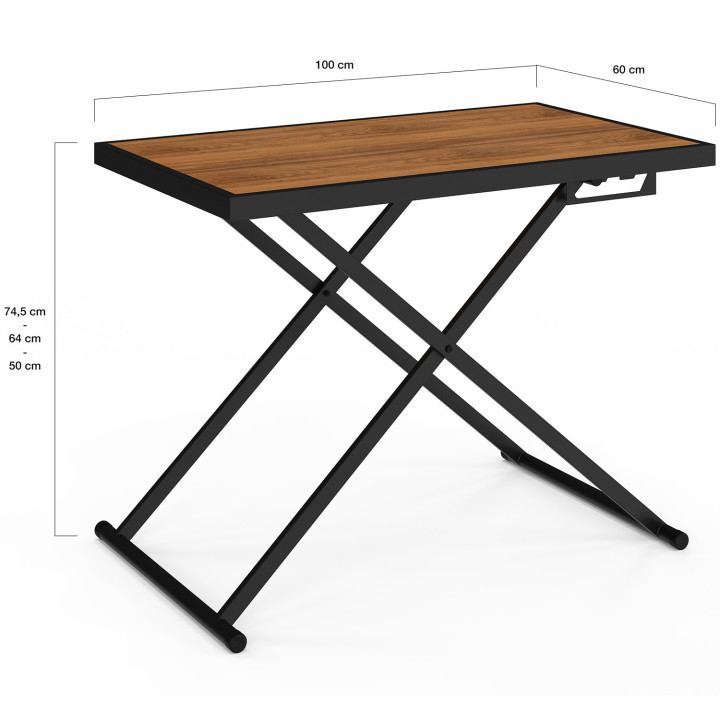 Table de jardin relevable rectangulaire 100 cm OLIE en métal noir et plateau bois
