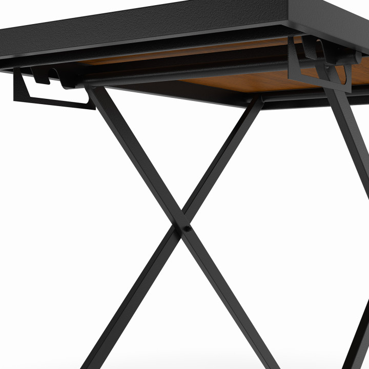 OLIE 100 cm in hoogte verstelbare 3-standen tuintafel van zwart metaal met houteffect bovenblad