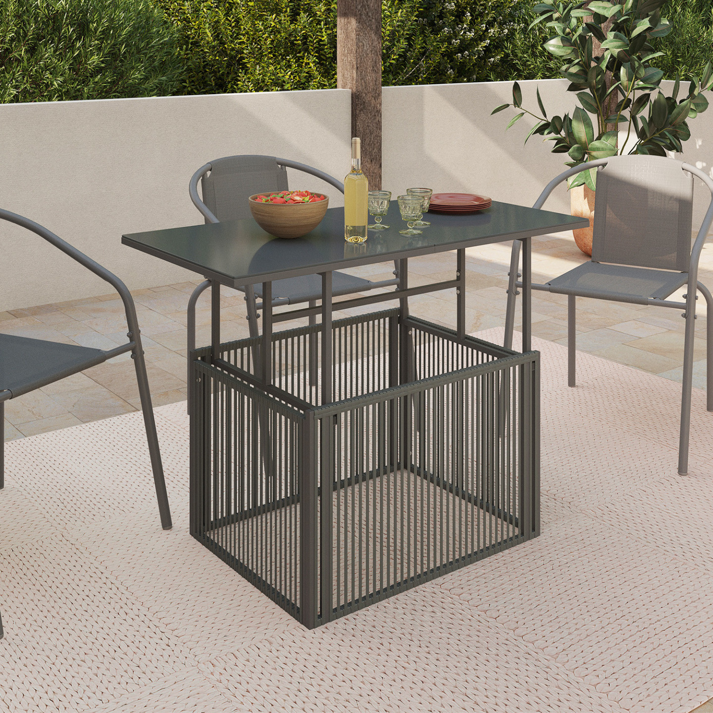 Rechteckiger aufklappbarer niedriger Gartentisch 100 cm RIO Metallstruktur und Seil anthrazitgrau