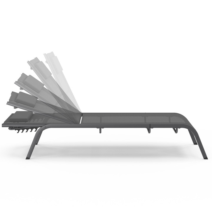 Set di 2 lettini da giardino reclinabili BORA con tavolino regolabile in acciaio grigio antracite e tessuto grigio