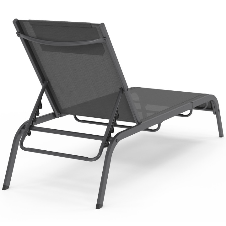 Set di 2 lettini da giardino reclinabili BORA con tavolino regolabile in acciaio grigio antracite e tessuto grigio