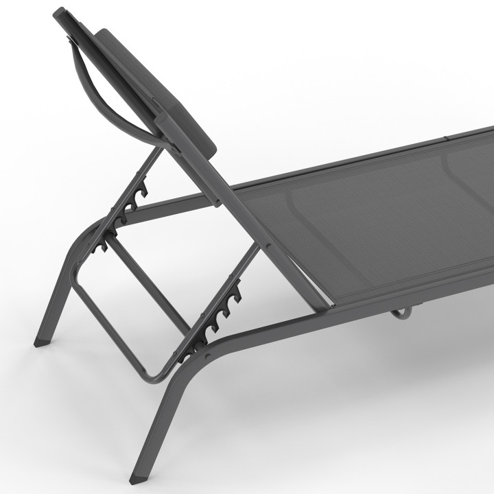 Lote de 2 tumbonas de jardín reclinables BORA con mesa lateral ajustable en acero gris antracita y tela gris