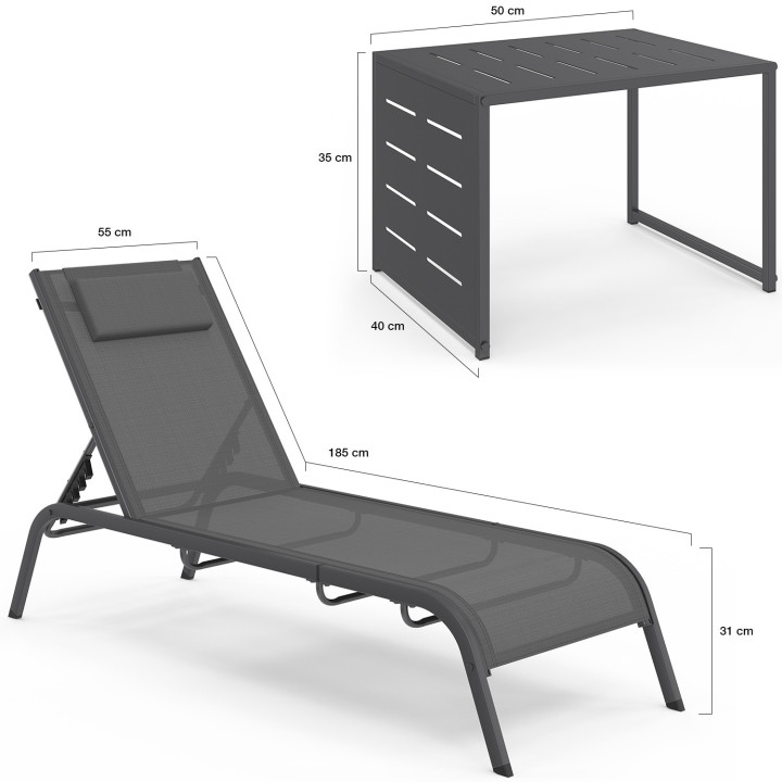Lot de 2 transats de jardin inclinables MOOREA avec table d'appoint en acier gris anthracite et toile grise