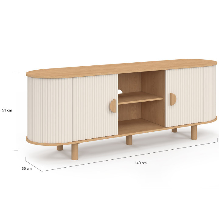 Mobile TV KANEL a 2 ante effetto scanalato beige e legno 140 cm