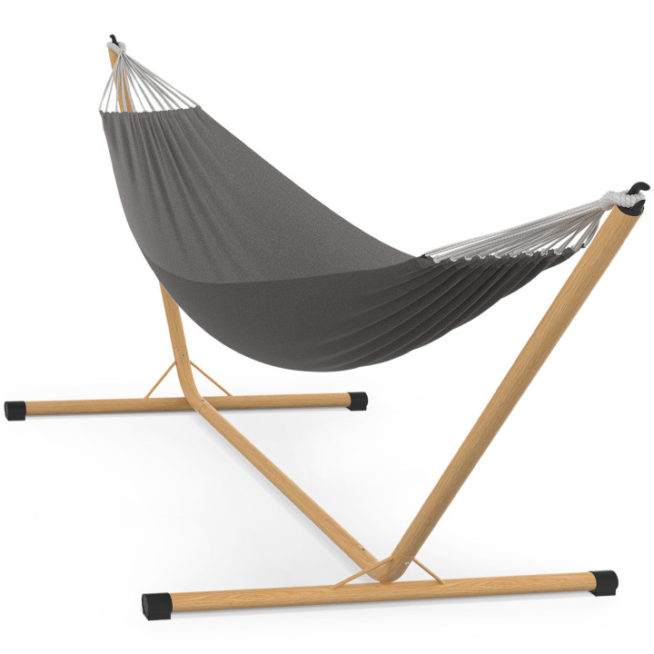 Hamaca con soporte metálico efecto madera y lona gris antracita