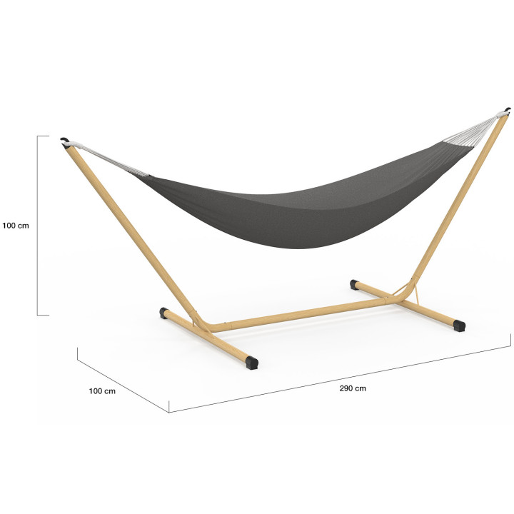 Hamaca con soporte metálico efecto madera y lona gris antracita