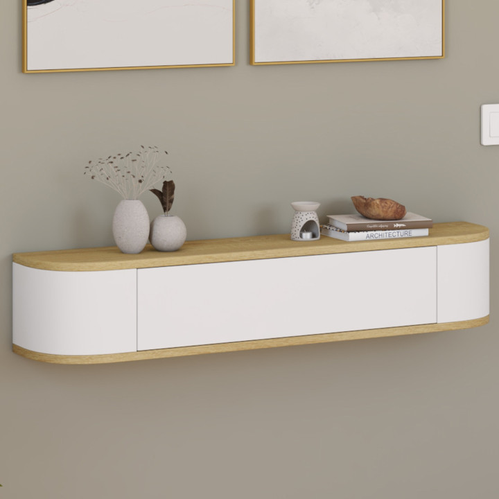 LEORA 1-deurs wandconsole met houtdecor in wit en houtdecor
