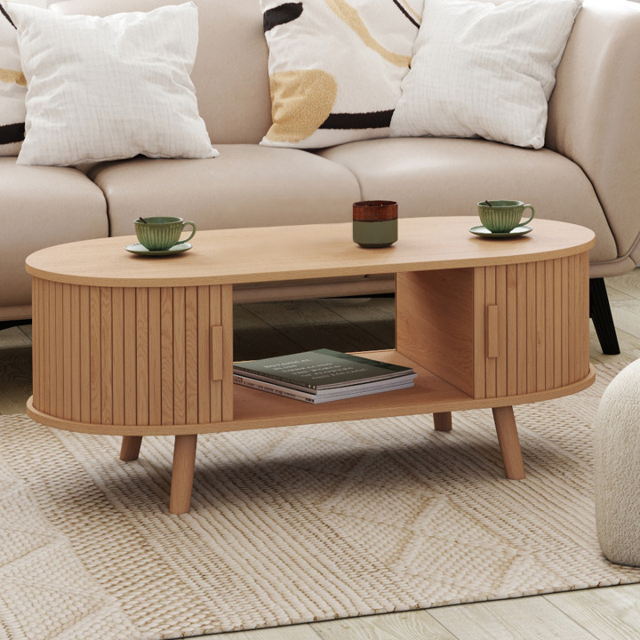 Tavolino ovale ROMIE, 100 cm, 2 ante scorrevoli, doghe in legno color rovere