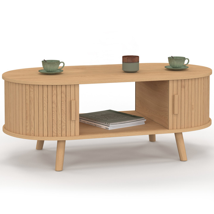 Tavolino ovale ROMIE, 100 cm, 2 ante scorrevoli, doghe in legno color rovere