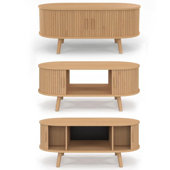 Tavolino ovale ROMIE, 100 cm, 2 ante scorrevoli, doghe in legno color rovere