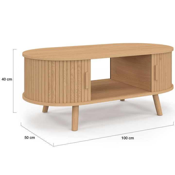 Tavolino ovale ROMIE, 100 cm, 2 ante scorrevoli, doghe in legno color rovere