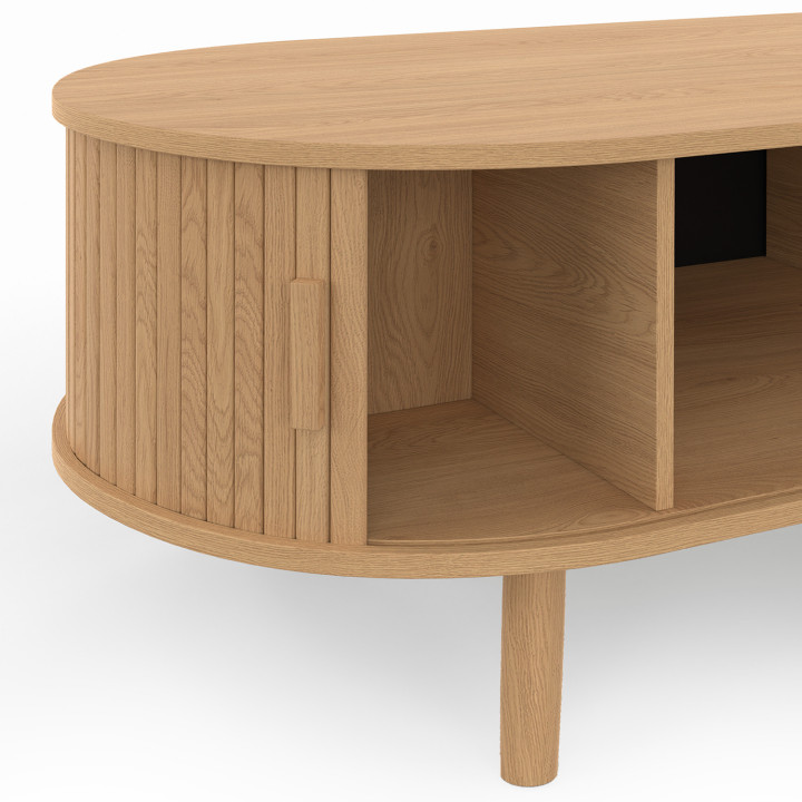 Tavolino ovale ROMIE, 100 cm, 2 ante scorrevoli, doghe in legno color rovere