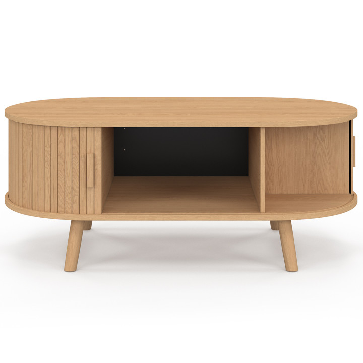 Tavolino ovale ROMIE, 100 cm, 2 ante scorrevoli, doghe in legno color rovere
