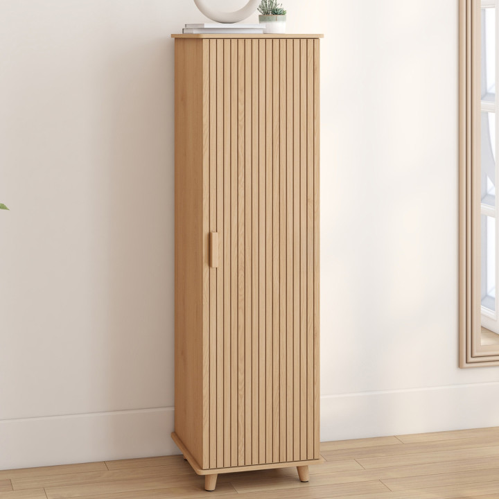 Schrank JULIETTE, 1 Tür, 3 Regale, Latteneffekt, Holzleisten, eichenfarben