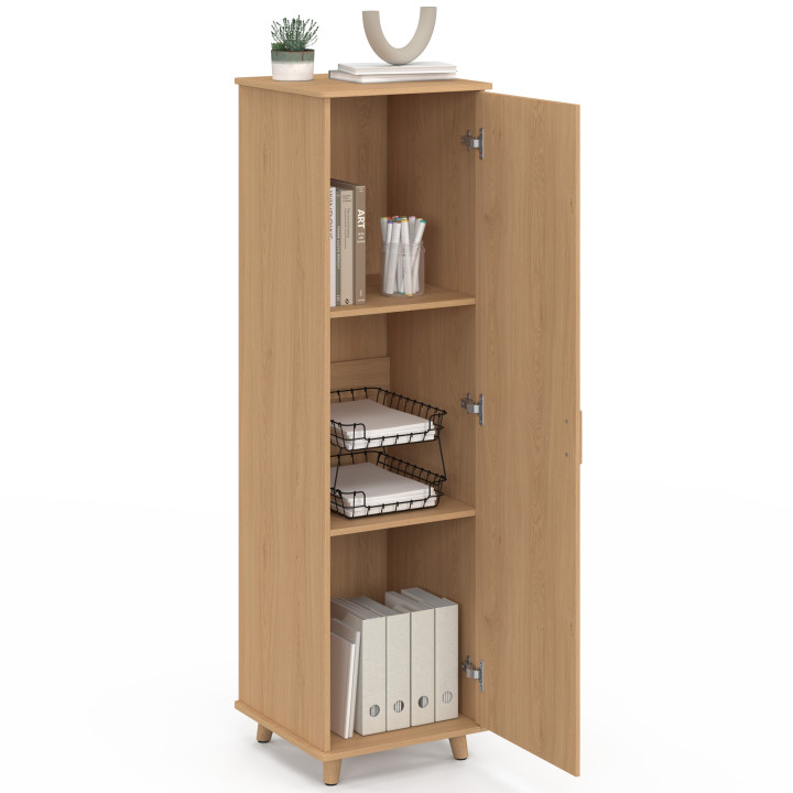 Armoire de rangement JULIETTE 1 porte avec étagères effet lattes tasseau bois coloris chêne