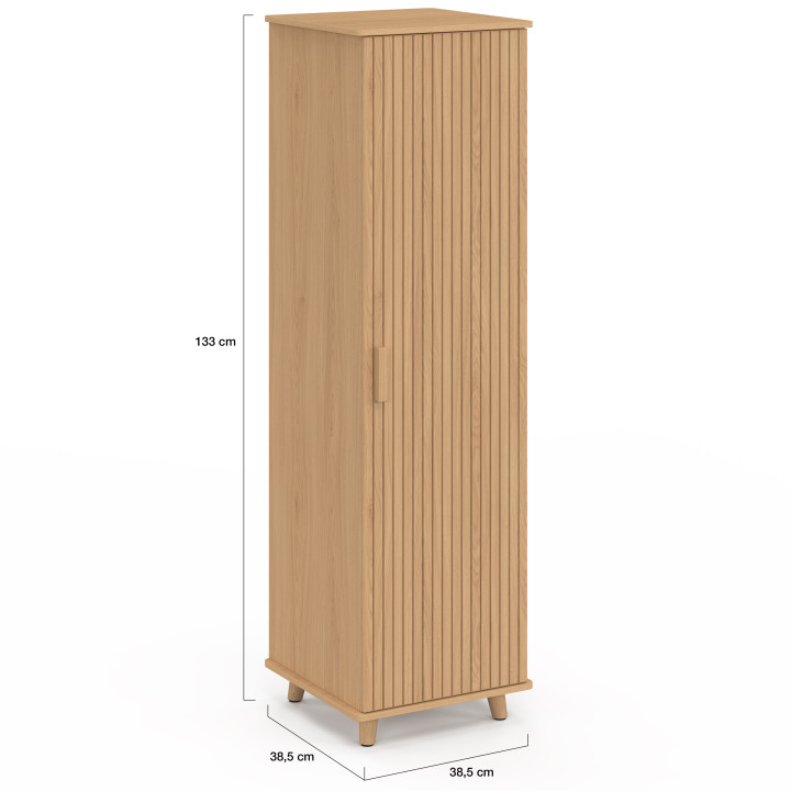Armoire de rangement JULIETTE 1 porte avec étagères effet lattes tasseau bois coloris chêne