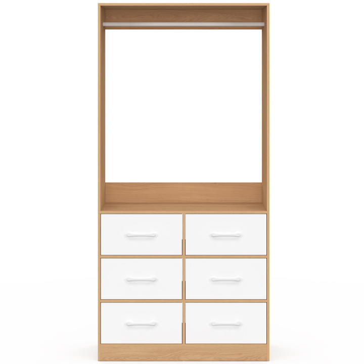 Dressing penderie L. 80 cm UPPAH avec 6 tiroirs bois façon hêtre et blanc