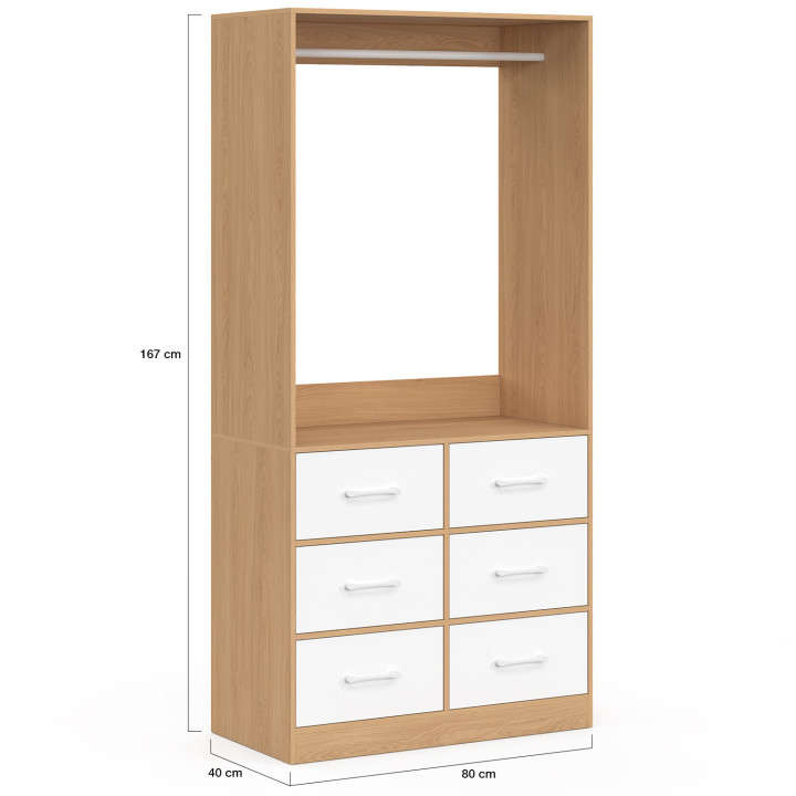 Dressing penderie L. 80 cm UPPAH avec 6 tiroirs bois façon hêtre et blanc