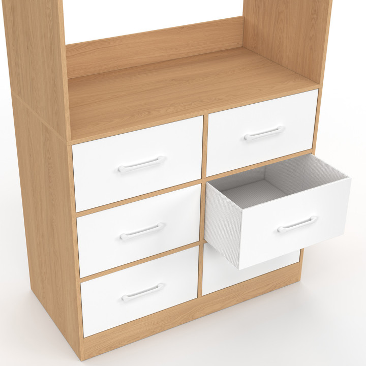 Dressing penderie L. 80 cm UPPAH avec 6 tiroirs bois façon hêtre et blanc