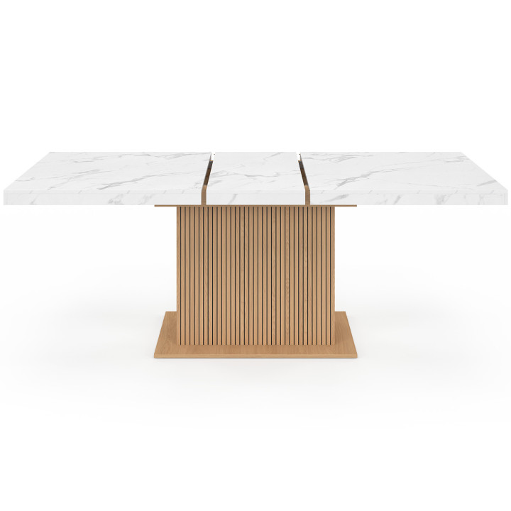 Tavolo da pranzo rettangolare allungabile JULIETTE 6-10 persone piano effetto marmo doghe in legno con contenitore 160-200 cm