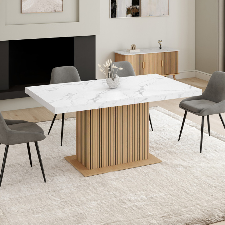 JULIETTE mesa de comedor rectangular extensible 6-10 personas tablero efecto mármol listones de madera con almacenaje 160-200 cm