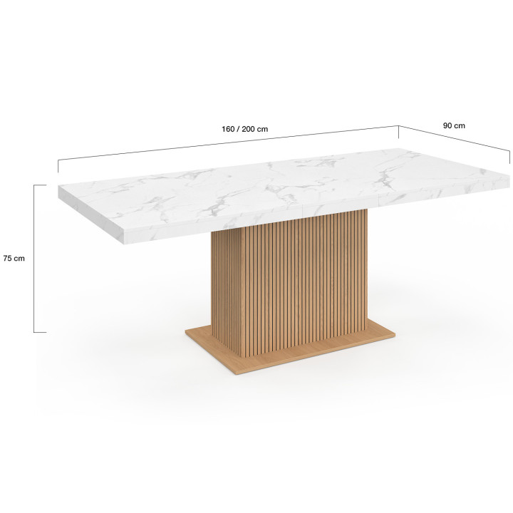 Table à manger extensible rectangle JULIETTE 6-10 personnes plateau effet marbre lattes tasseau bois avec rangement 160-200 cm
