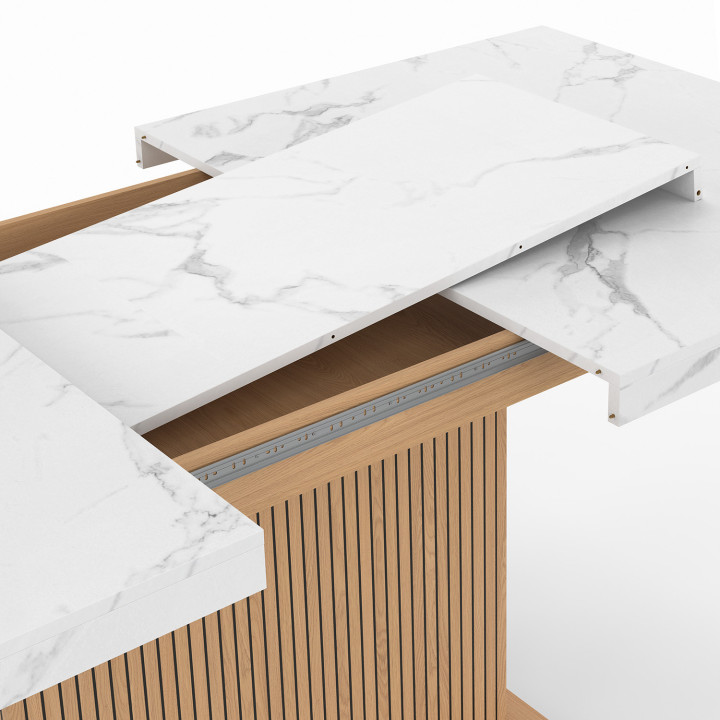 JULIETTE uitschuifbare rechthoekige eettafel 6-10 personen marmeren effect blad houten latten met opbergruimte 160-200 cm