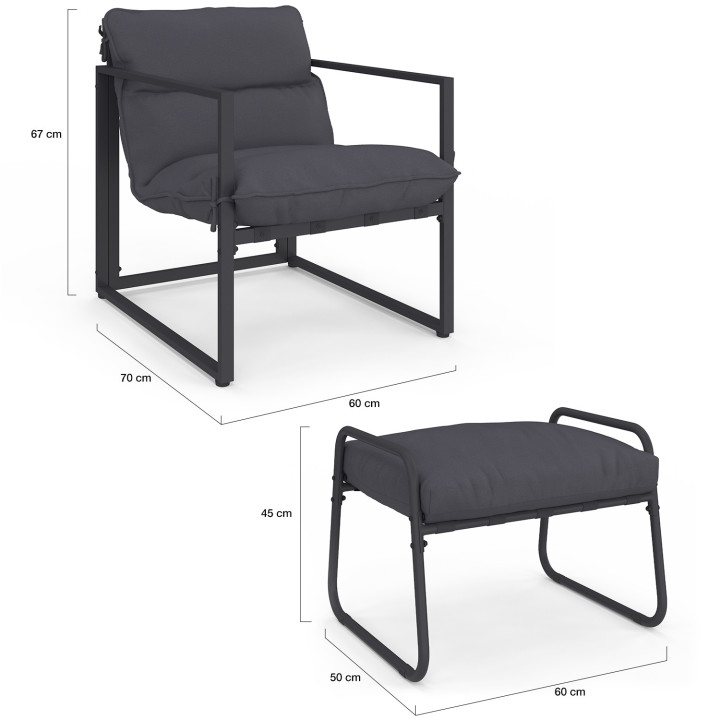 Set von 2 Gartensessel MARCO mit Fußstütze grau Kissen anthrazitgrau