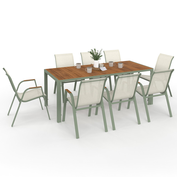 NOUMEA tuinset 190 cm tafel met gehard glazen blad en 8 groene en houten stapelstoelen