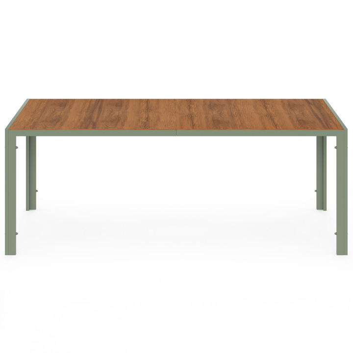 Gartenmöbel Tisch 190 cm Platte aus gehärtetem Glas in Holzoptik und 8 stapelbare Stühle grün und Holz