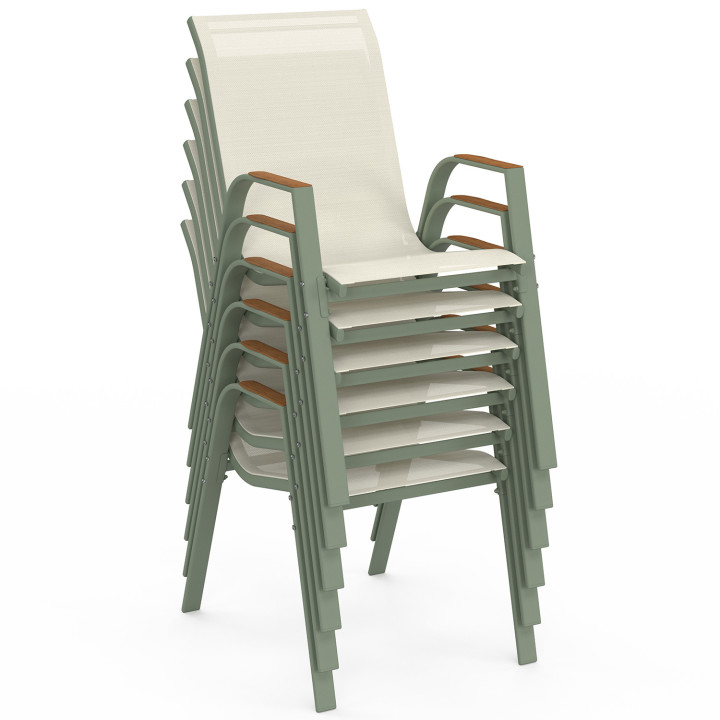 Set di mobili da giardino NOUMEA Tavolo da 190 cm con piano in vetro temperato effetto legno e 8 sedie impilabili in legno e ver