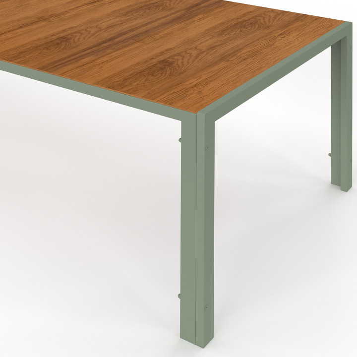 Salon de jardin NOUMEA table 190 cm plateau verre trempé effet bois et 8 chaises empilables vert et bois