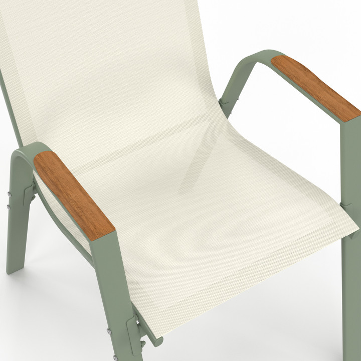 Set di mobili da giardino NOUMEA Tavolo da 190 cm con piano in vetro temperato effetto legno e 8 sedie impilabili in legno e ver