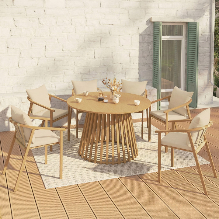 Mobili da giardino SOLAL Tavolo rotondo da 120 cm con gambe a doghe in metallo e 6 sedie da giardino con cinghie e cuscini beige