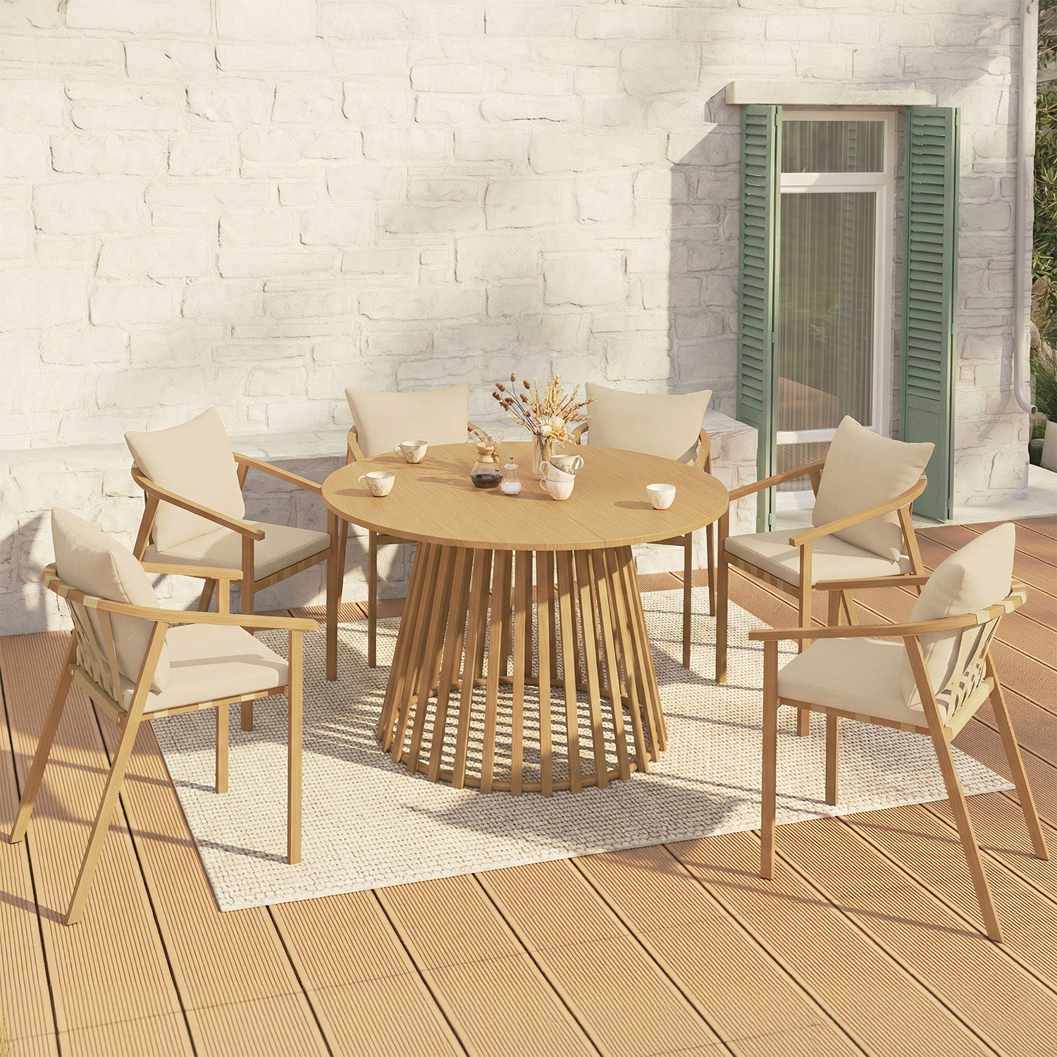 Salon de jardin table ronde 120 cm avec pied lattes en métal et 6 chaises de jardin avec lanières et coussins beiges