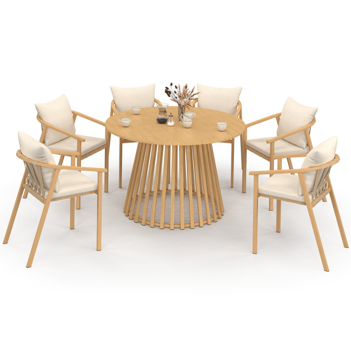 Mobili da giardino SOLAL Tavolo rotondo da 120 cm con gambe a doghe in metallo e 6 sedie da giardino con cinghie e cuscini beige