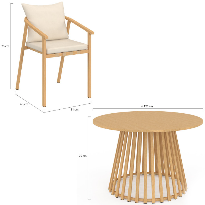 Mobili da giardino SOLAL Tavolo rotondo da 120 cm con gambe a doghe in metallo e 6 sedie da giardino con cinghie e cuscini beige