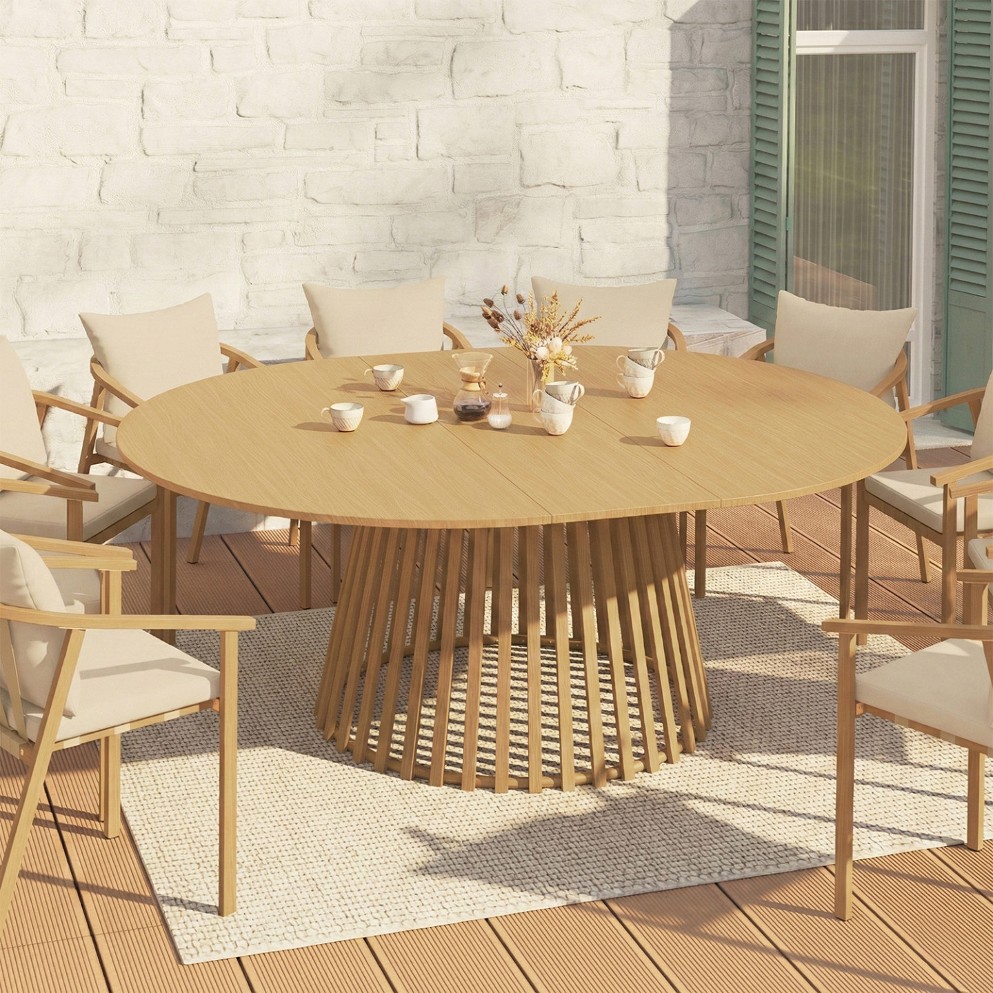 Runder ausziehbarer Gartentisch SOLAL 160-200 CM 6-10 Personen mit Fuß Metalllatten in Holzoptik