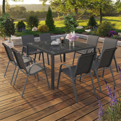Salon de jardin MADRID table carrée 130 CM et 8 chaises empilables gris anthracite